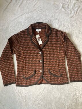 David brooks 100% lamb wool knit blazer women L orange brown houndstooth NWT